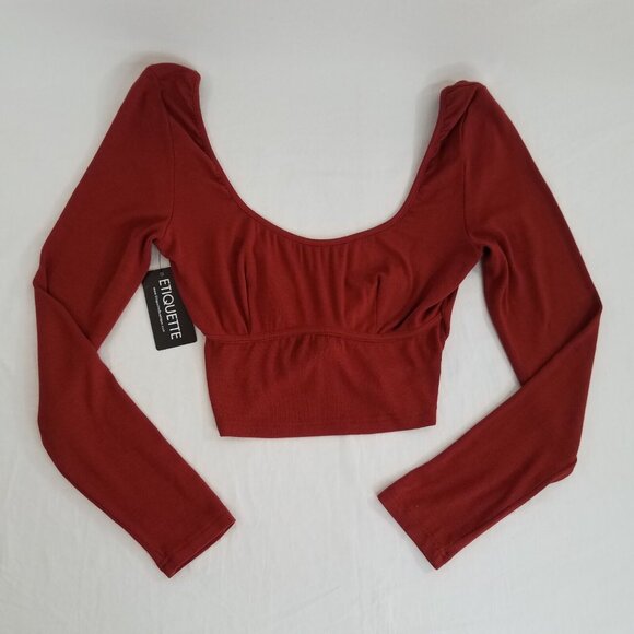 Etiquette Crop Top Criss Cross Back LARGE Rust Ribbed Stretch Long Sleeve - Picture 1 of 10
